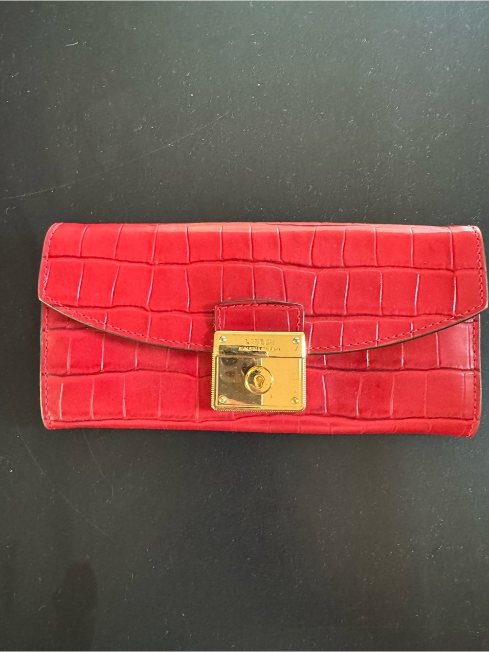 Ralph Lauren Red Croc-Embossed Leather Wallet with Gold-Tone Lock